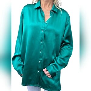 LILYSILK 100% Mulberry Silk Green Button Front Blouse XL Pearl Buttons